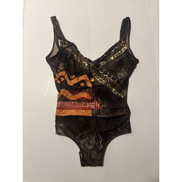 Gottex unique brown and orange 90’s retro swimsuit size 14 - Picture 1 of 3